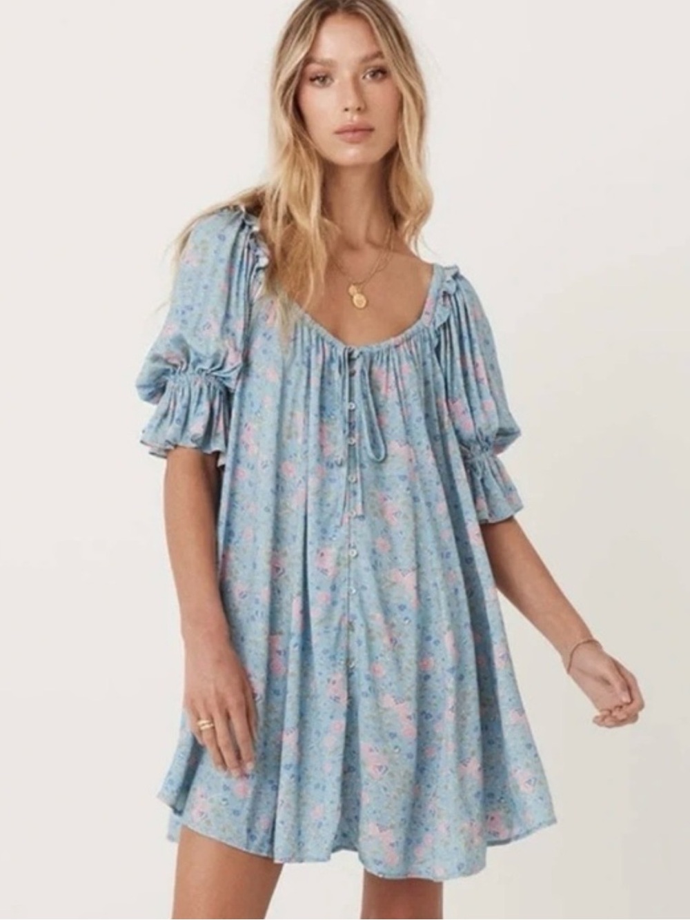 Spell Dusty Blue Floral Mini Dress with Pink Accents